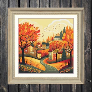 Cross stitch houses, village to embroider, cross stitch village, autumn cross stitch, village cross stitch, rural cross stitch, houses