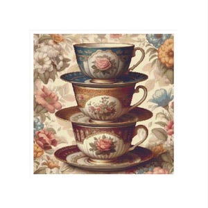 Könnte beinhalten: Ein Stapel aus drei Keramik-Teetassen mit passenden Untertassen, die jeweils florale Muster und goldfarbene Ränder aufweisen. Die obere Tasse ist blau, die mittlere goldfarben und die untere bordeauxrot, vor einem floralen Hintergrund.