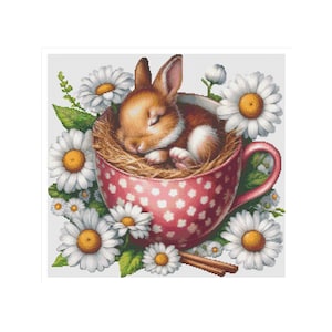 Cross stitch rabbit pattern, rabbit cross stitch, bunny cross stitch, hare pattern, tea cup cross stitch, keeper pattern, rabbit pattern