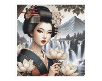 Geisha cross stitch, cross stitch Japan, geisha pattern, asian woman cross stitch, Japanese cross stitch, Japanese garden pattern, lotus