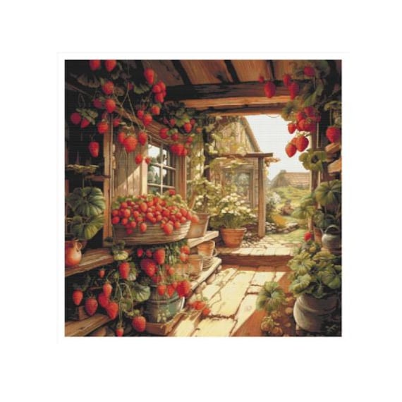 Casa punto de cruz, fresas punto de cruz, punto de cruz pueblo, fresas patron punto de cruz, punto de cruz casa, punto de cruz fresas