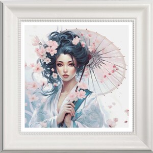 May include: A framed artwork featuring a woman with blue hair, adorned with pink cherry blossoms. She holds a parasol with floral accents. The woman wears a white kimono with blue floral patterns, creating a serene and elegant aesthetic.