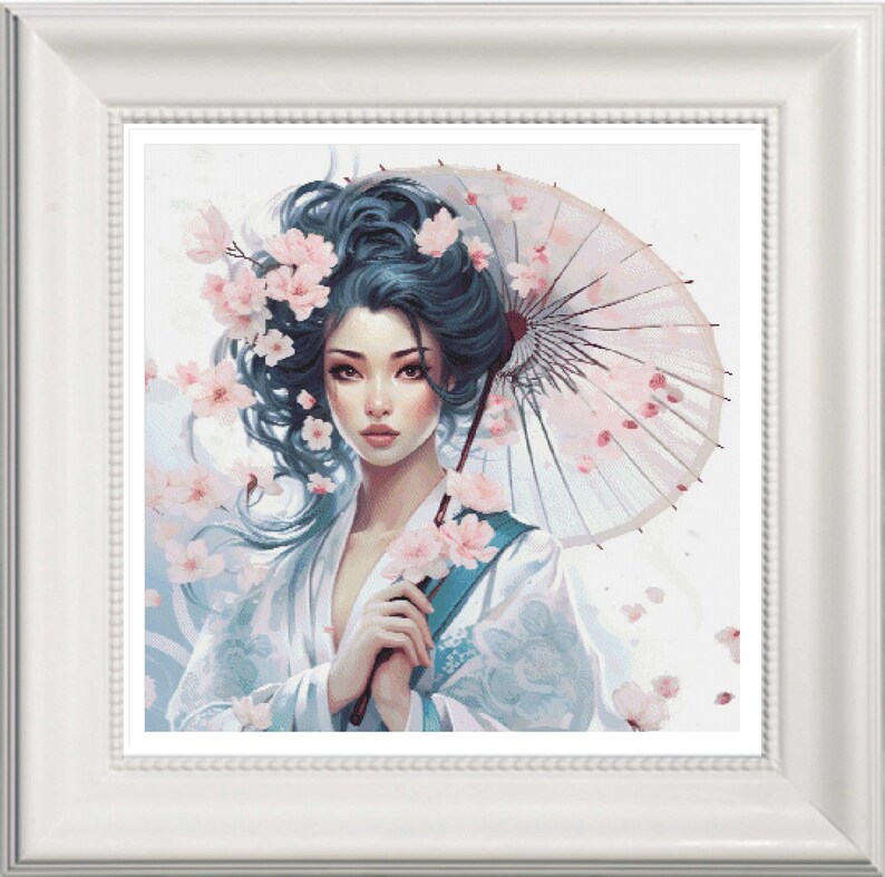 May include: A framed artwork featuring a woman with blue hair, adorned with pink cherry blossoms. She holds a parasol with floral accents. The woman wears a white kimono with blue floral patterns, creating a serene and elegant aesthetic.