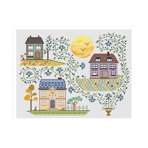 Quaker cross stitch, farm cross stitch, cross stitch house, cross stitch, sample, quaker, pattern, little house, easy house cross stitch