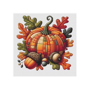 May include: A patchwork pumpkin with orange, brown, and yellow hues surrounded by fall leaves and acorns.