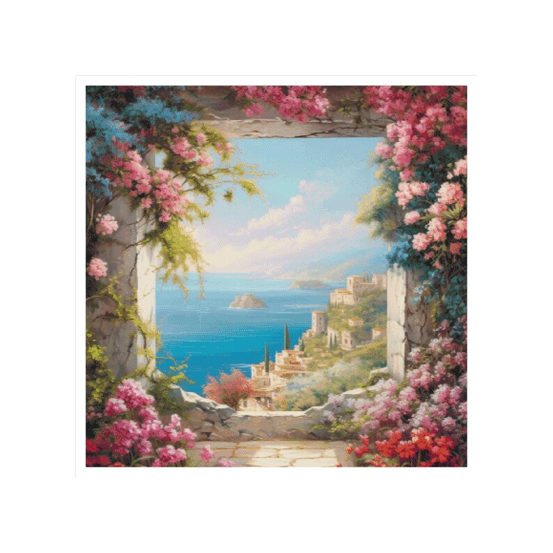 May include: A picturesque painting of a coastal scene viewed through a stone archway. Pink and red flowers cascade over the frame, framing a view of the blue sea, distant islands, and a hillside village under a bright sky.