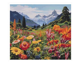 Landscape pattern, wildflowers cross stitch, cross stitch mountains, landscape cross stitch, cross stitch, mountains, wildflowers, pattern
