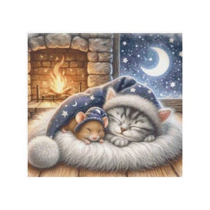 May include: A gray and white cat and a brown mouse are sleeping together under a blue blanket with white stars. The cat is wearing a blue and white star-patterned hat. The background is a fireplace with a fire and a night sky with stars and a crescent moon.