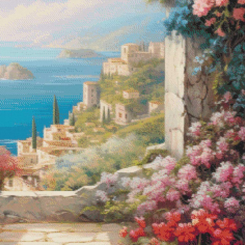 May include: A scenic painting depicts a coastal town with buildings on a hillside overlooking the sea. Pink, red, and blue flowers cascade down a stone wall. The sky is a soft blue, and the water is a vibrant turquoise.