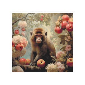 May include: A brown monkey sits in a lush garden setting with pink flowers and red apples. The monkey is looking directly at the viewer.