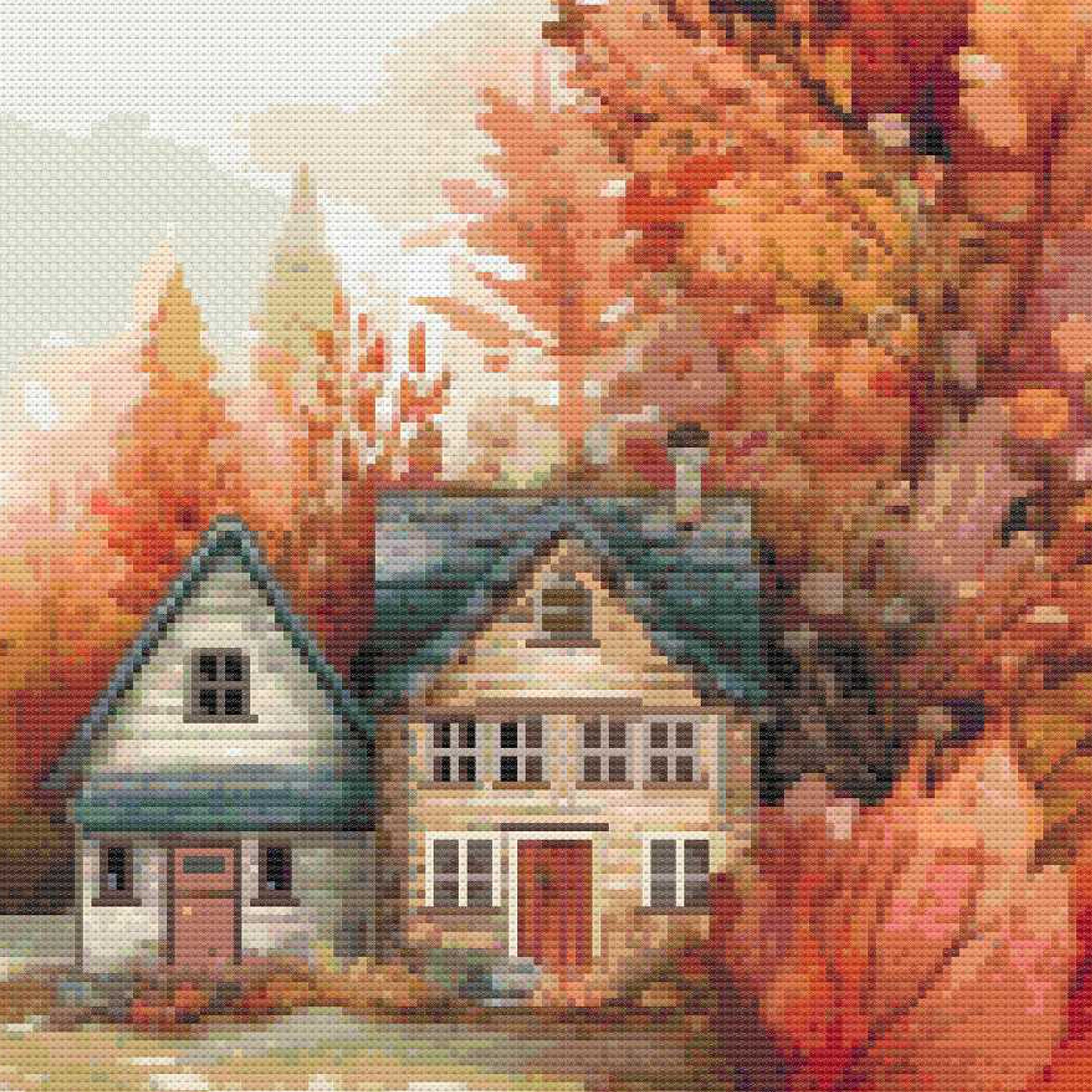Cross Stitch Houses, Village to Embroider, Cross Stitch Village, Autumn