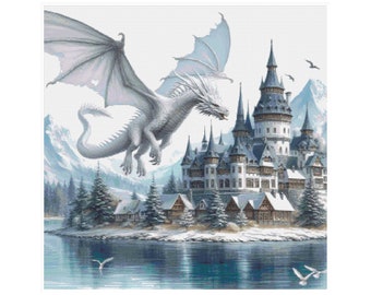Drachen-Kreuzstich, Monster-Kreuzstich, magisches Muster, Fantasy-Kreuzstich, Drachenmuster, Burg-Kreuzstichmuster, Fantasy