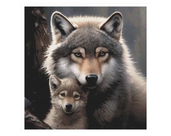 Wolf and Cub cross stitch pattern, wolves cross stitch, wolf family, wolf pattern, wolf cross stitch, coyote, counted cross stitch wolf
