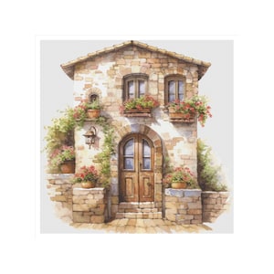 May include: Watercolor painting of a charming stone cottage with a tiled roof. The cottage features a wooden arched doorway, windows with flower boxes overflowing with red flowers, and a small lantern. Green vines and potted plants add to the rustic appeal.