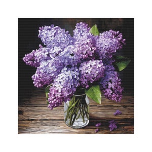 Seringen kruissteek, kruissteekbloemen, bloemmotief kruissteek, kruissteekboeket, kruissteekrozen, seringen voor borduurwerk