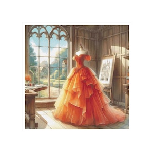 Puede incluir: Un gran vestido de bola de color naranja con capas, escote de corazón y tirantes que caen de los hombros. El vestido se exhibe en una habitación con una ventana grande y una pintura en un caballete.