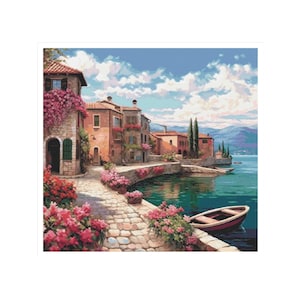 Mediterranean village cross stitch, coastal village, cross stitch village, cross stitch, stone houses, seascape cross stitch, town pattern