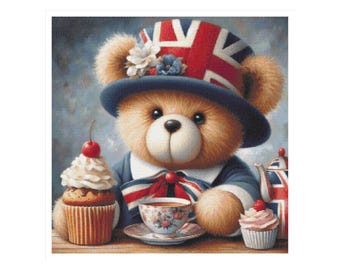 Cross stitch England, cross stitch bear, Teddy bear, England pattern, England cross stitch, teddy bear pattern, tea time, English teddy bear
