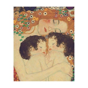 May include: A painting depicting a woman with long red hair cradling two sleeping children. The woman's face is visible and she is wearing a floral crown. The children are nestled in her arms and their faces are hidden by their hair.