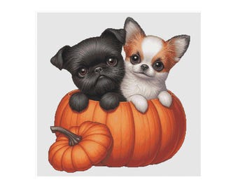 May include: An illustration of two small dogs inside an orange pumpkin. One dog is black, and the other is white and brown. A smaller pumpkin sits in front of the larger one. The image has a white background.