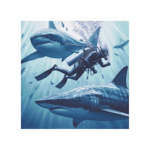 Puede incluir: Un buceador nada por el océano con dos tiburones en el fondo. El buceador lleva un traje de neopreno negro y una botella de oxígeno. Los tiburones son grises y tienen dientes afilados. El agua es azul y clara.