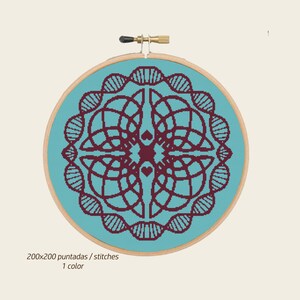 May include: A cross-stitch pattern of a mandala with a teal background and maroon design. The pattern is 200 stitches by 200 stitches and uses one color.