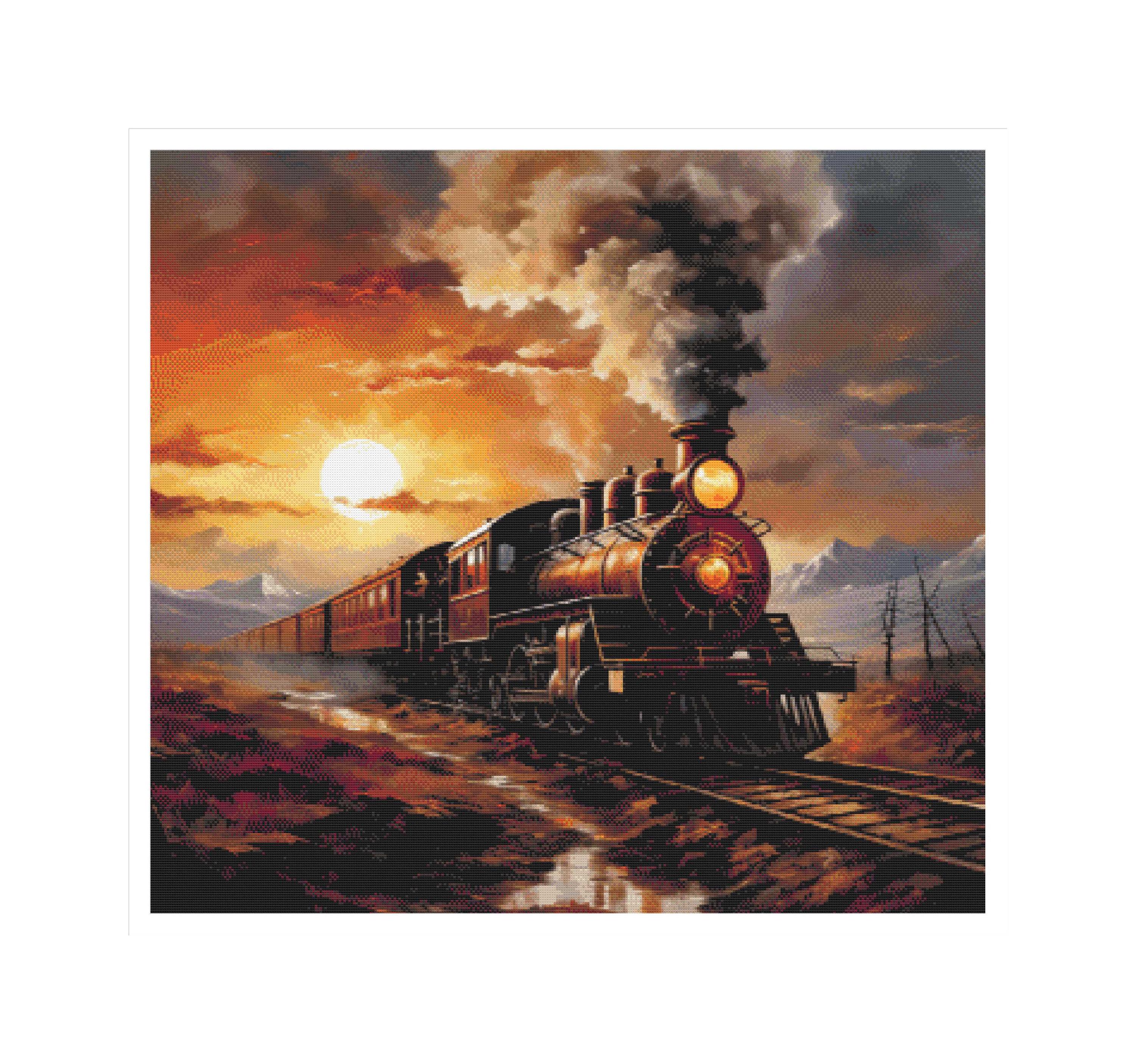 Cross stitch train,  pattern, cross stitch train, train pattern, cross stitch, dusk cross stitch, steampunk cross stitch, sunset, train