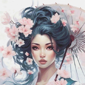 May include: A digital art portrait of a woman with blue hair, adorned with pink cherry blossoms. She holds a parasol with floral accents. The artwork features soft colors and a serene expression, evoking a sense of beauty and tranquility.