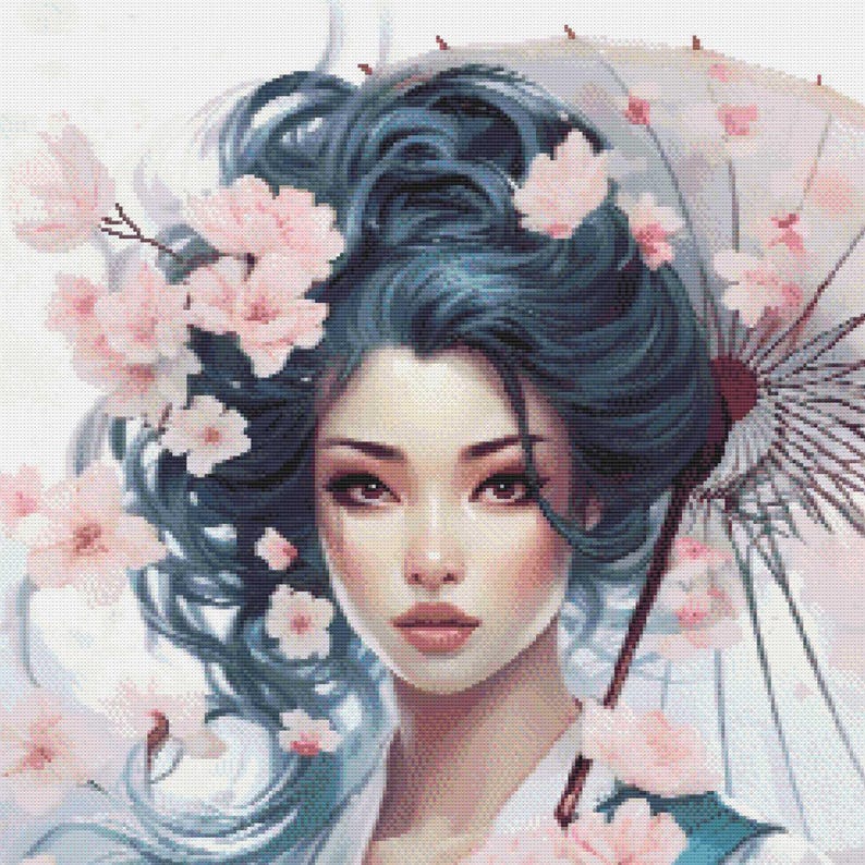 May include: A digital art portrait of a woman with blue hair, adorned with pink cherry blossoms. She holds a parasol with floral accents. The artwork features soft colors and a serene expression, evoking a sense of beauty and tranquility.