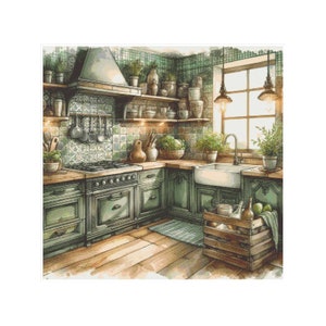 Puede incluir: Una cocina verde con una estufa vintage, gabinetes de madera y un fregadero blanco de granja. La cocina tiene un ambiente rústico con azulejos verdes y una caja de madera llena de frascos y botellas.