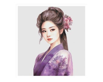 May include: Watercolor painting of a woman with dark hair styled in an updo, adorned with a pink floral hairpiece. She wears a purple kimono with floral embroidery. The artwork has a soft, ethereal quality.