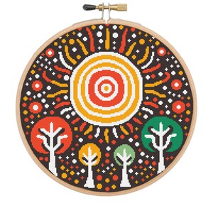 Puede incluir: Un bastidor de bordado de punto de cruz con un diseño geométrico. El diseño incluye un motivo central de sol en amarillo y naranja, rodeado de un fondo oscuro con árboles estilizados en rojo, amarillo y verde. El bastidor es de madera.