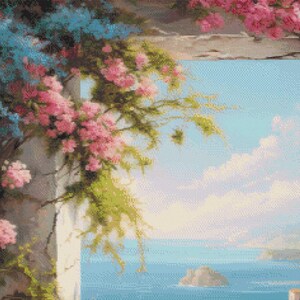 May include: A scenic painting of a coastal view with pink and blue flowers cascading over a white archway. The ocean and sky are visible in the background, with fluffy white clouds and small islands.