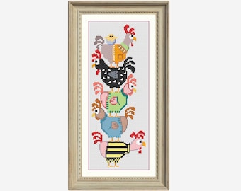 May include: A cross-stitch pattern of five colorful chickens stacked on top of each other. The chickens are wearing different colored clothes and have different colored beaks and legs.