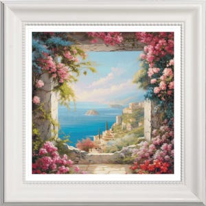 May include: A framed painting depicts a coastal scene viewed through a stone archway. The artwork showcases a vibrant blue sea, a distant island, and a hillside village. Pink and red flowers cascade around the arch, adding a touch of color.