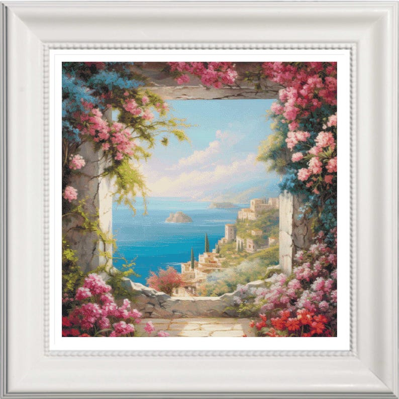 May include: A framed painting depicts a coastal scene viewed through a stone archway. The artwork showcases a vibrant blue sea, a distant island, and a hillside village. Pink and red flowers cascade around the arch, adding a touch of color.