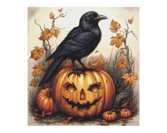 ハロウィンのクロスステッチ、カボチャのクロスステッチ、カラスのクロスステッチ、秋、カラス、カボチャ、ハロウィンのクロスステッチ、カラス、カボチャ