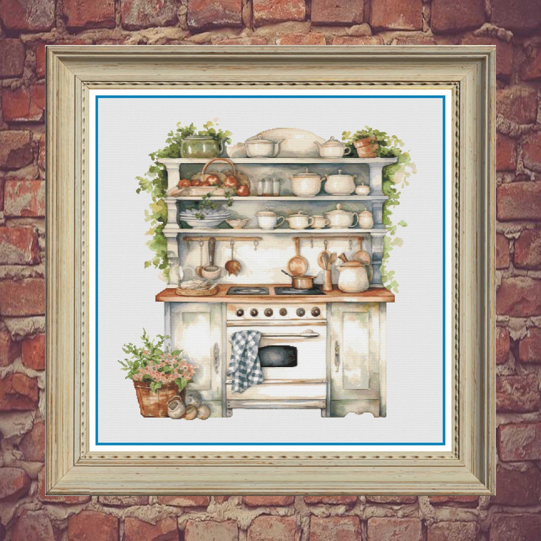 Cross Stitch House, Kitchen to Embroider, Cross Stitch Cupboard, Rustic Cross Stitch, Kitchen