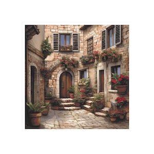 May include: Watercolor painting of a quaint European street scene. The image features stone buildings with arched doorways, shuttered windows, and flower-filled window boxes. Potted plants and cobblestone pathways add to the charming, old-world atmosphere.