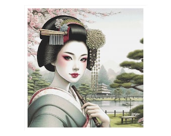 Geisha cross stitch, Asian woman cross stitch, geisha cross stitch, Japan cross stitch, Japanese cross stitch, japanese garden cross stitch