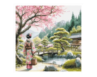 Cross stitch garden, cross stitch geisha, japanese pattern, japanese garden, cross stitch, geisha cross stitch, japanese cross stitch