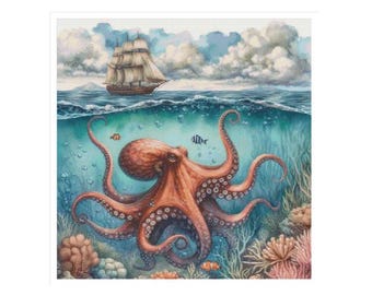Octopus cross stitch, sea cross stitch, maritime cross stitch, ship cross stitch, octopus, cross stitch, Jules Verne, octopus pattern, ship