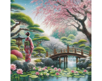 Cross stitch garden, cross stitch geisha, japanese to embroider, japanese garden to embroider, geisha cross stitch, japanese cross stitch