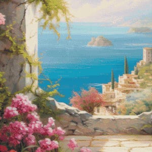 May include: A scenic painting of a coastal town with a bright blue sea and sky. Pink flowers and green vines frame the view of the buildings and water. The artwork has a pixelated, cross-stitch appearance.