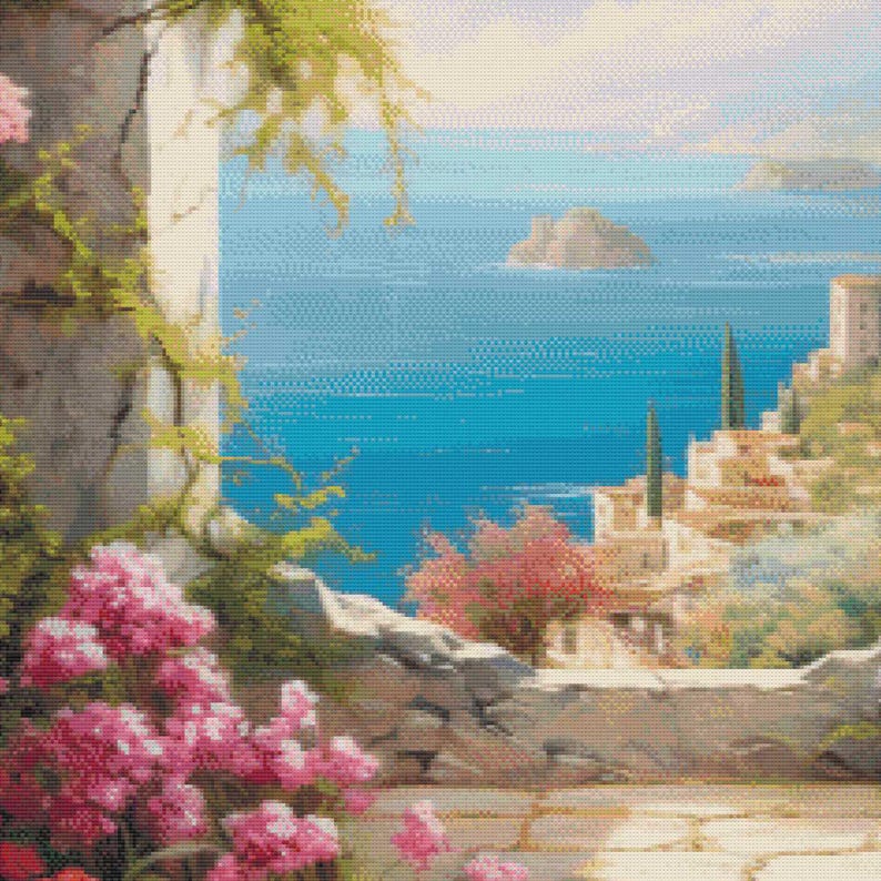 May include: A scenic painting of a coastal town with a bright blue sea and sky. Pink flowers and green vines frame the view of the buildings and water. The artwork has a pixelated, cross-stitch appearance.