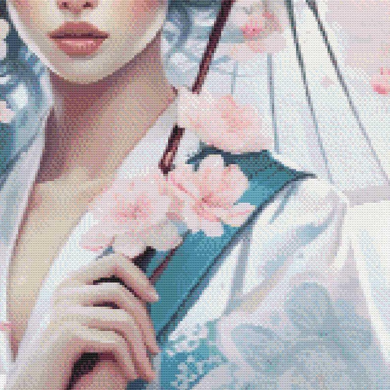 May include: A pixelated illustration of a person holding a parasol and cherry blossoms. The person is wearing a white and blue patterned kimono. The image has a soft, pastel color palette with pink and blue hues.