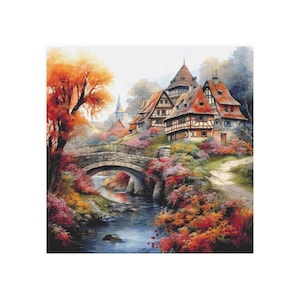 Cross stitch house, cottage pattern, cross stitch landscape, autumn cross stitch, bridge cross stitch, cottage cross stitch, town pattern