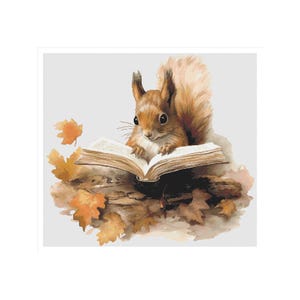 May include: A watercolor illustration of a squirrel reading a book. The squirrel is brown with a fluffy tail and is sitting on an open book surrounded by autumn leaves. The artwork has a soft, warm color palette.