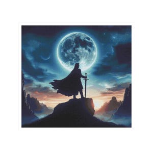 May include: A silhouette of a figure holding a sword, standing atop a mountain against a full moon and a dramatic sky. The figure is wearing a long cloak. The scene evokes a fantasy or medieval theme.