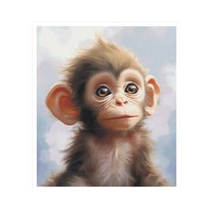 May include: A close-up of a baby monkey with large brown eyes and a soft, brown fur coat. The monkey is looking directly at the camera with a curious expression.